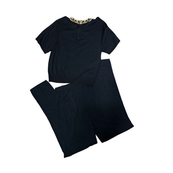 Dylani Knitwear Vintage 3pc Black & Gold Santana Knit Pant Set Size Small - Picture 2 of 7